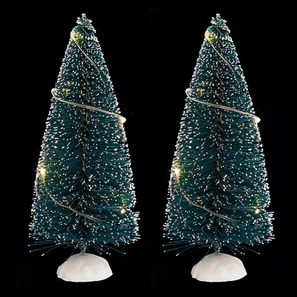 Feeric Christmas Kerstdorp mini boompjes - 2x - 15 cm - verlicht