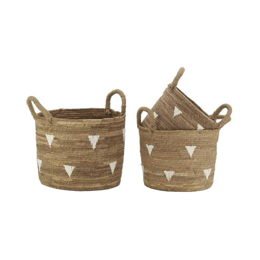 Cache-pots en abaca naturel et triangles blancs (lot de 3)