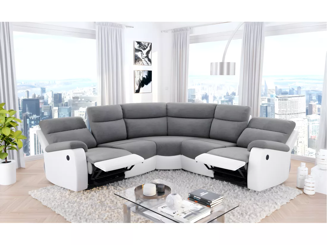 Canapé de relaxation électrique panoramique Oscar 6 places en microfibre et simili - Gris / Blanc - L238 x P238 x H99cm - Loungitude