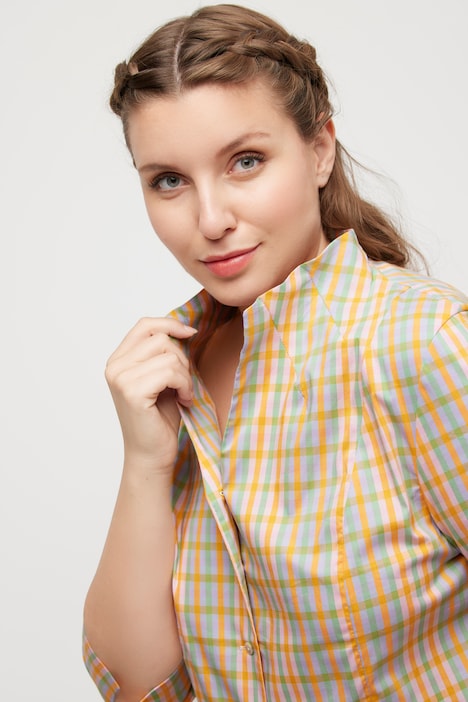 Bluse, Karo, Slim, Kelchkragen, V-Ausschnitt, 3/4-Arm