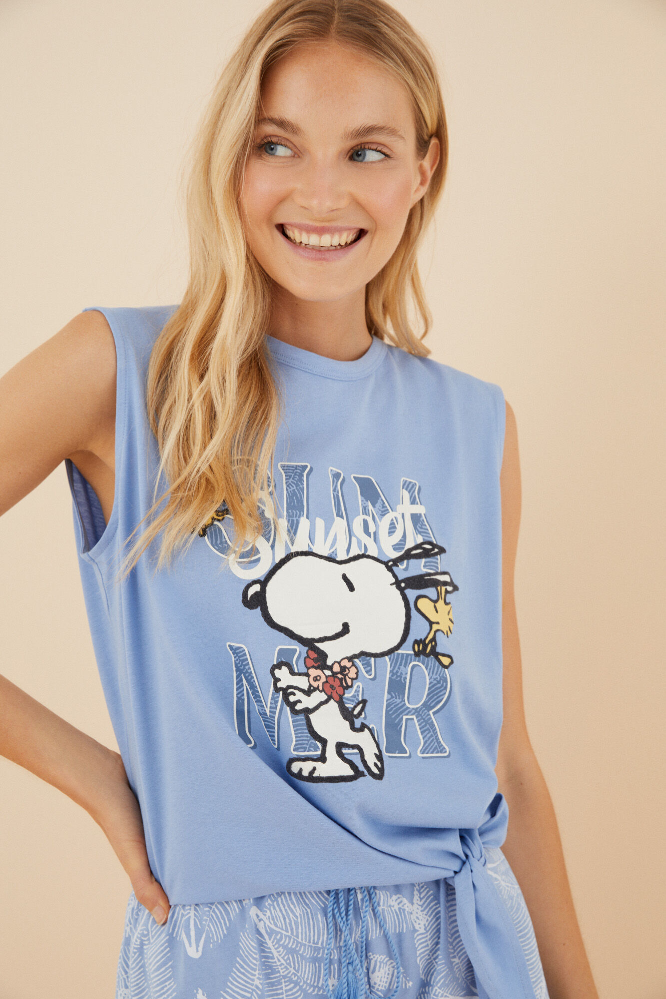 Pijama curto azul do Snoopy, 100% algodão.