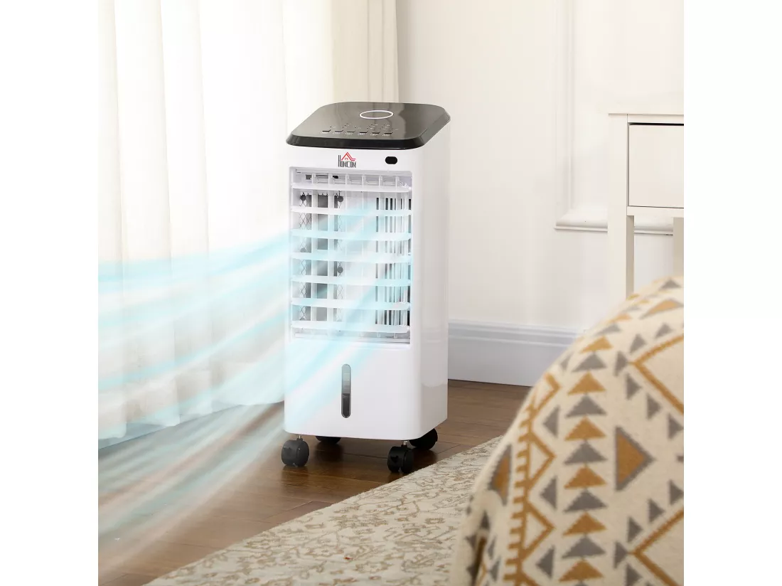 Ventilateur rafraichisseur humidificateur 3 en 1 - roulettes, télécommande - silencieux oscillant 65W - réservoir 3,5L - blanc noir