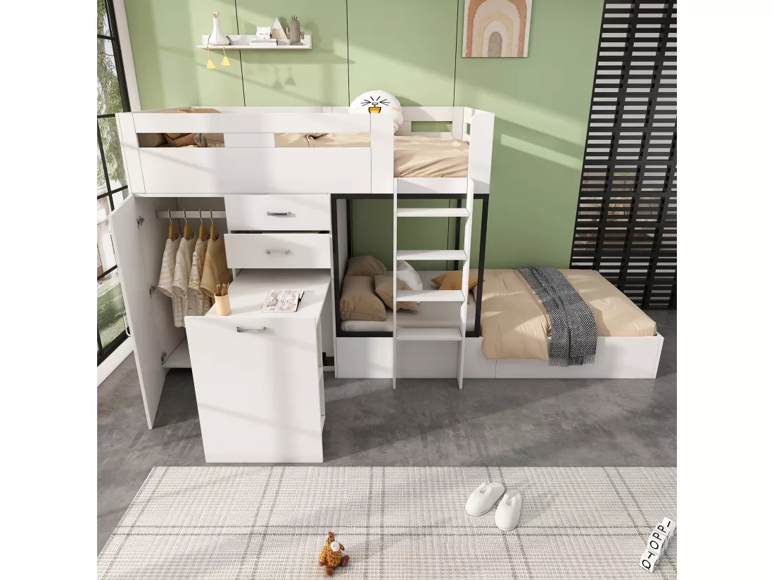 Lit superposé multifonctionnel - 2x90x200 cm- avec armoire et un bureau coulissant - Blanc (sans matelas)