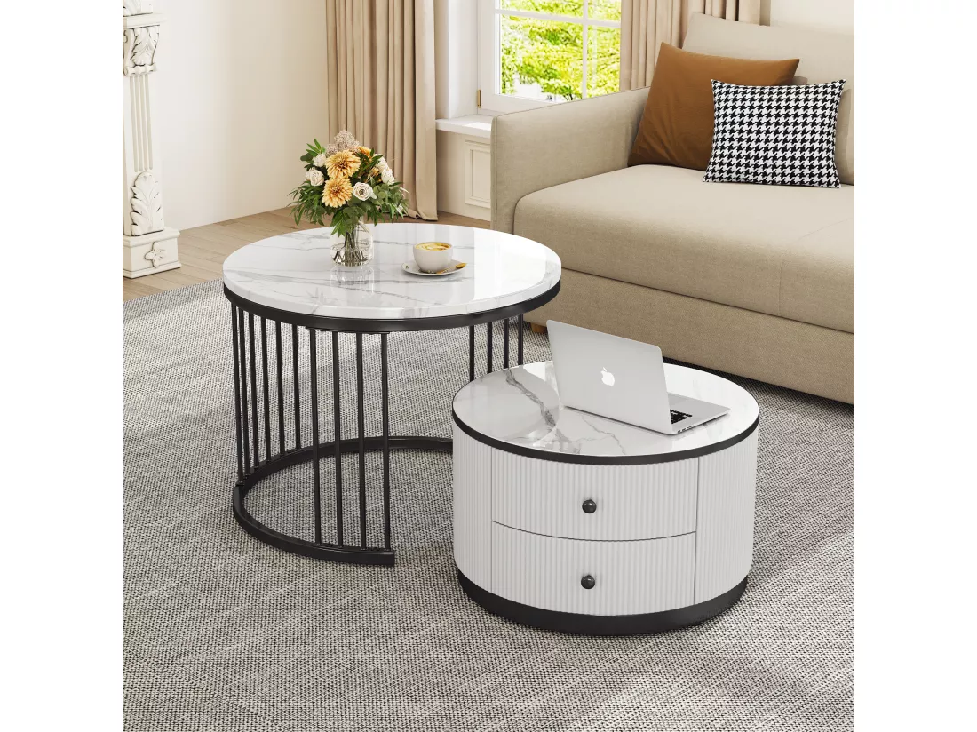 Lot de 2 tables basses gigognes avec 2 tiroirs - 60 x 60 x 45.5 cm + 50 x 50 x 32 cm - Aspect marbre brillant - MDF - Noir et blanc