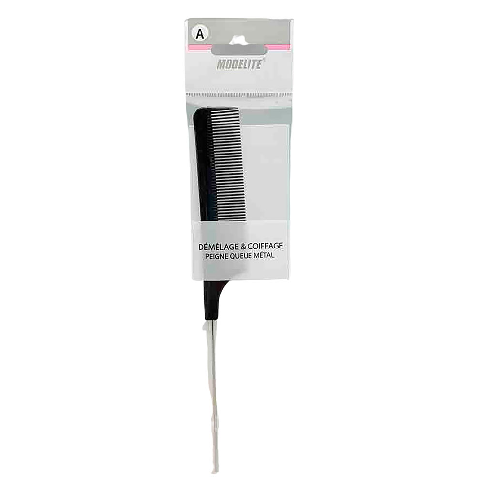 Peigne à queue en plastique et métal brillant 26cm