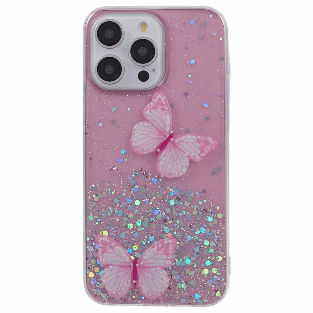 iPhone 16 Pro Hybrid Hardcase Schutzhülle im Glitzer Design Schmetterling - Rosa / Transparent