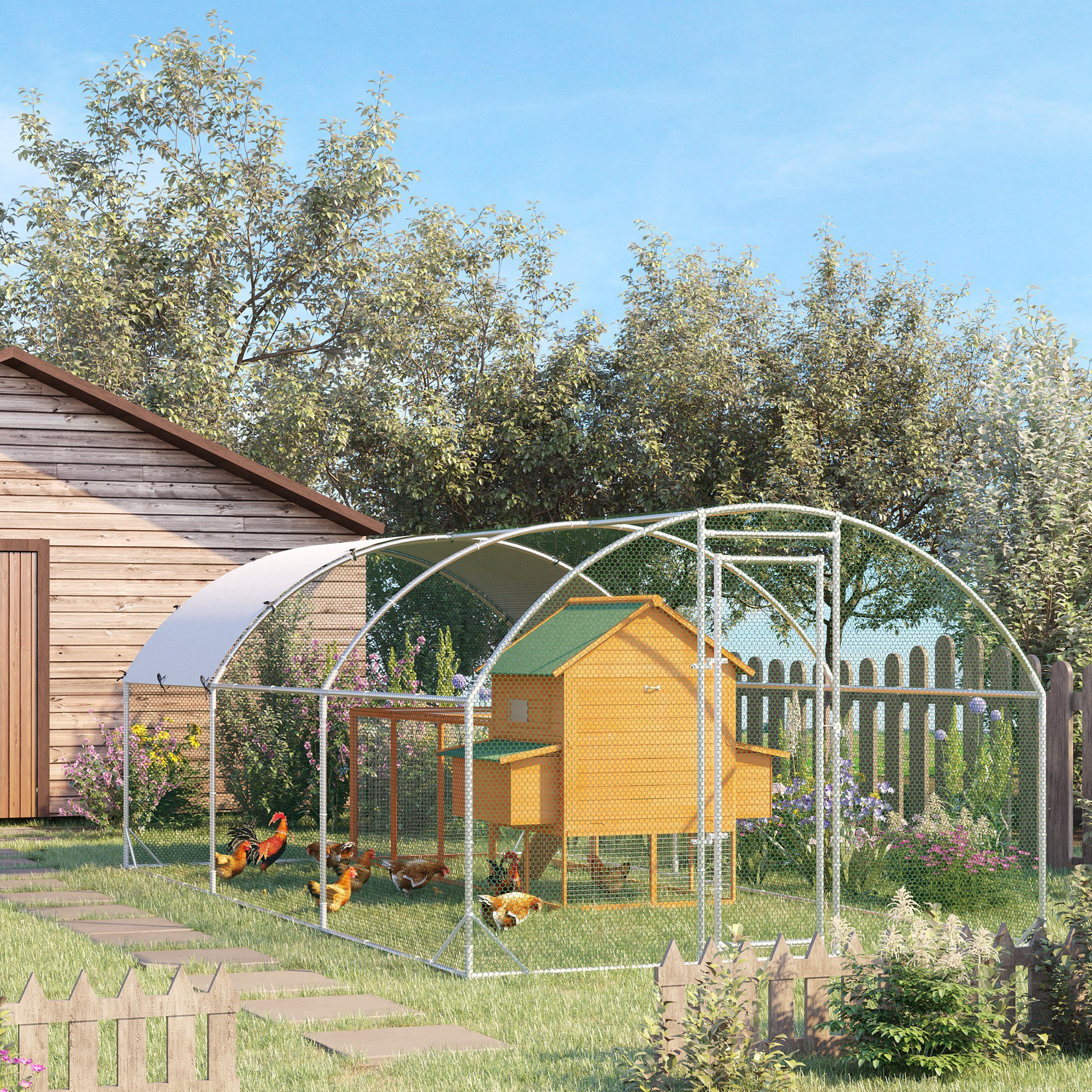 Galinheiro grande para exterior PawHut, gaiola de aço galvanizado com cobertura de tecido Oxford, cercado e trava para 12 a 18 galinhas, coelhos e outras aves, 5,7 x 2,8 x 1,97 m, prata