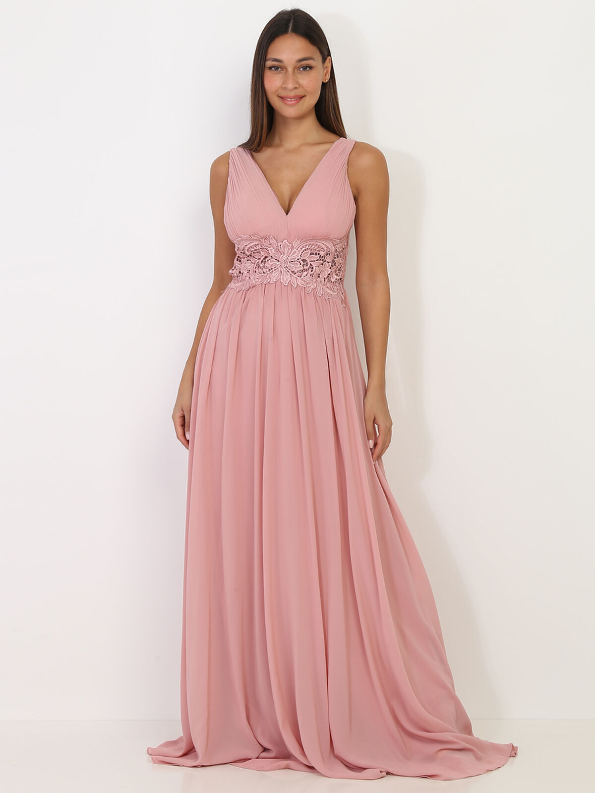 Robe longue à buste drapé et dentelle- Vieux rose