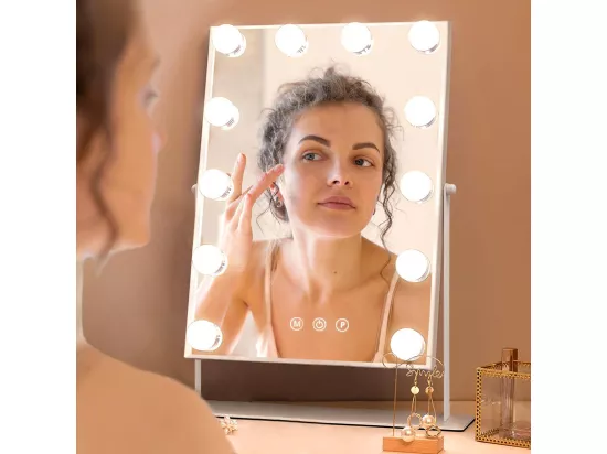 Miroir Maquillage Lumineux 30x41cm,Miroir LED 12 Lumières Miroir Hollywood Rotation à 360° Miroir Coiffeuse Contrôle Tactile,Blanc