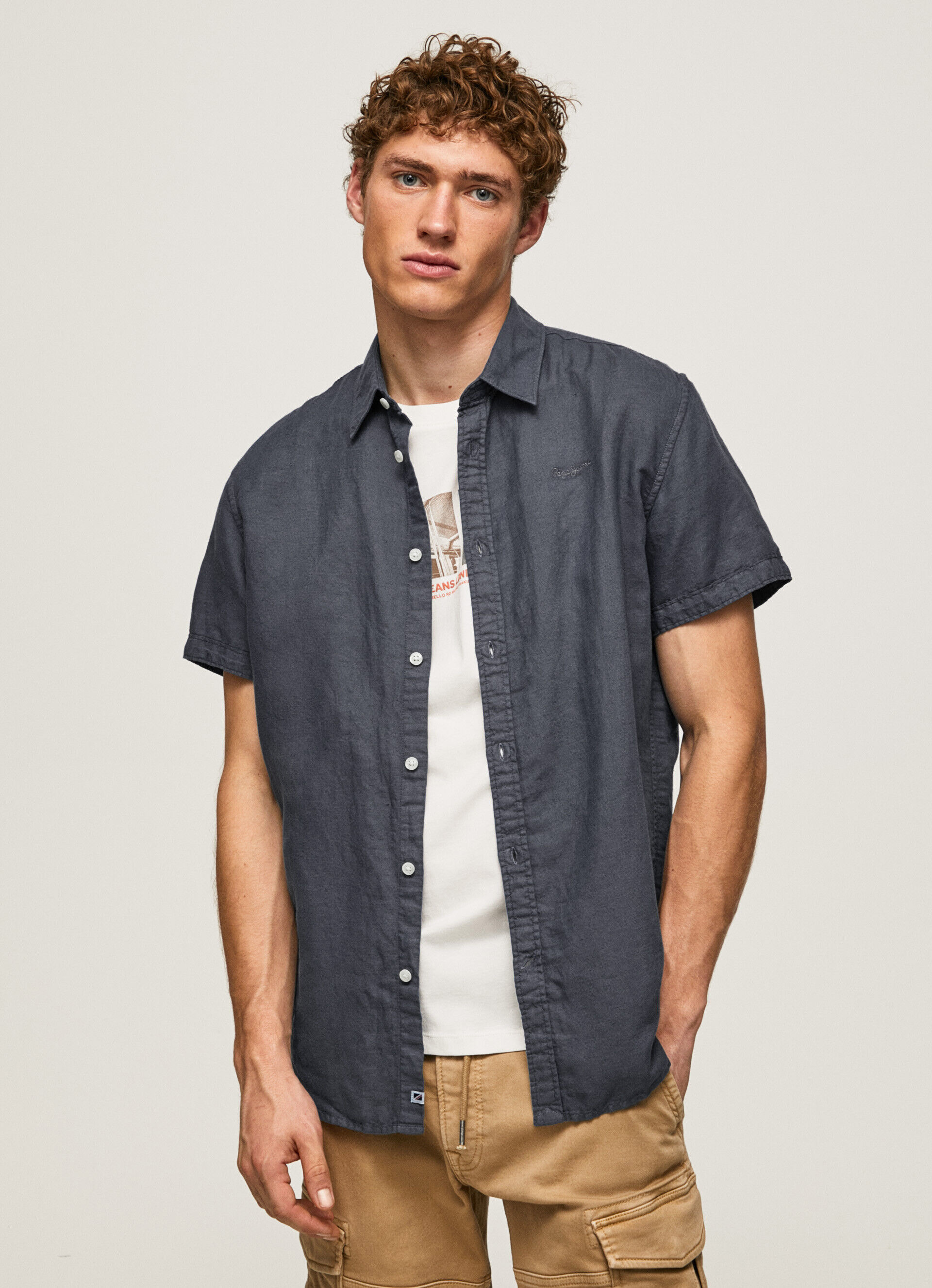 Camisa Parker com linho, manga curta - Azul Jarman