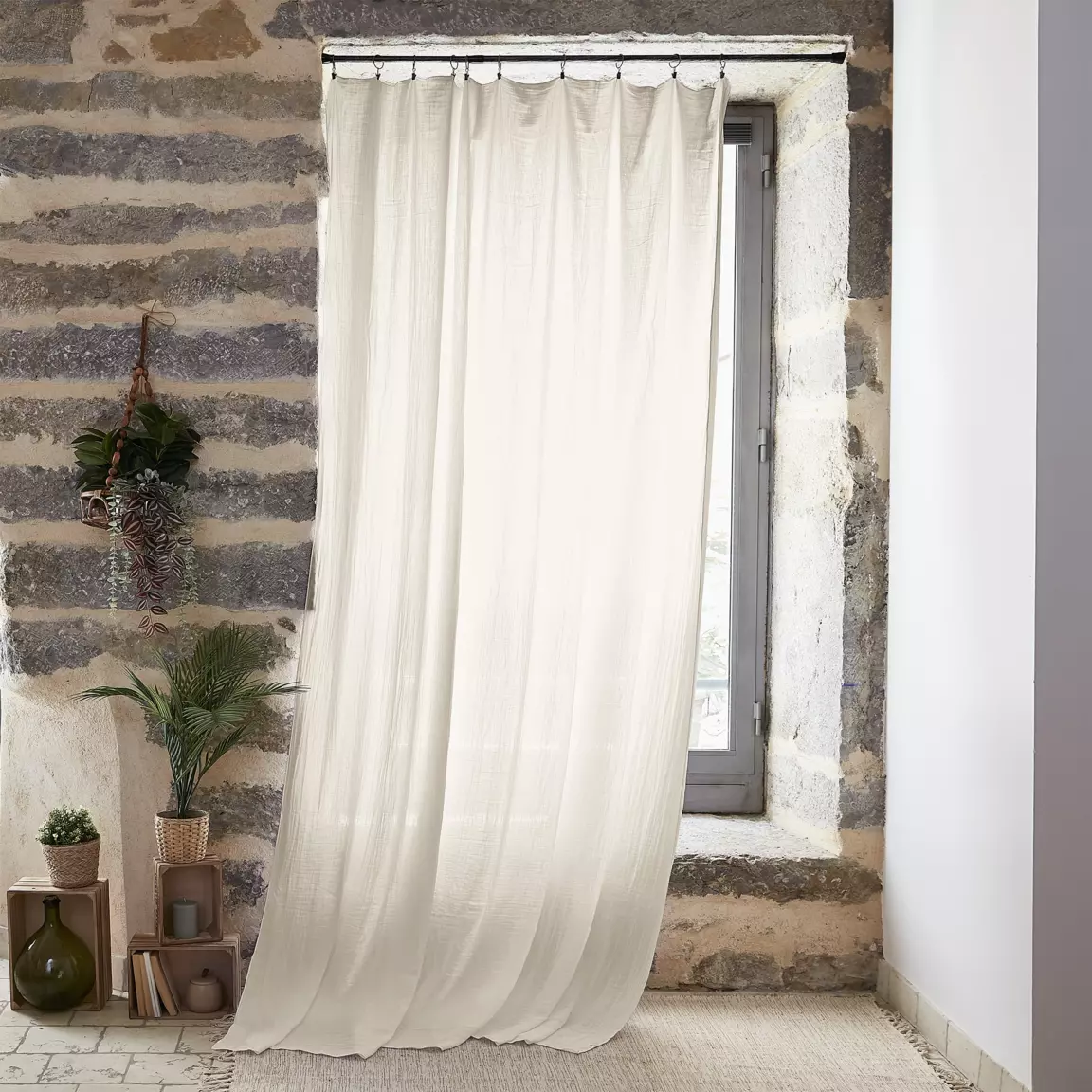 Rideau gaze de coton ajustable (140 x max 300 cm) Gaïa Beige pampa