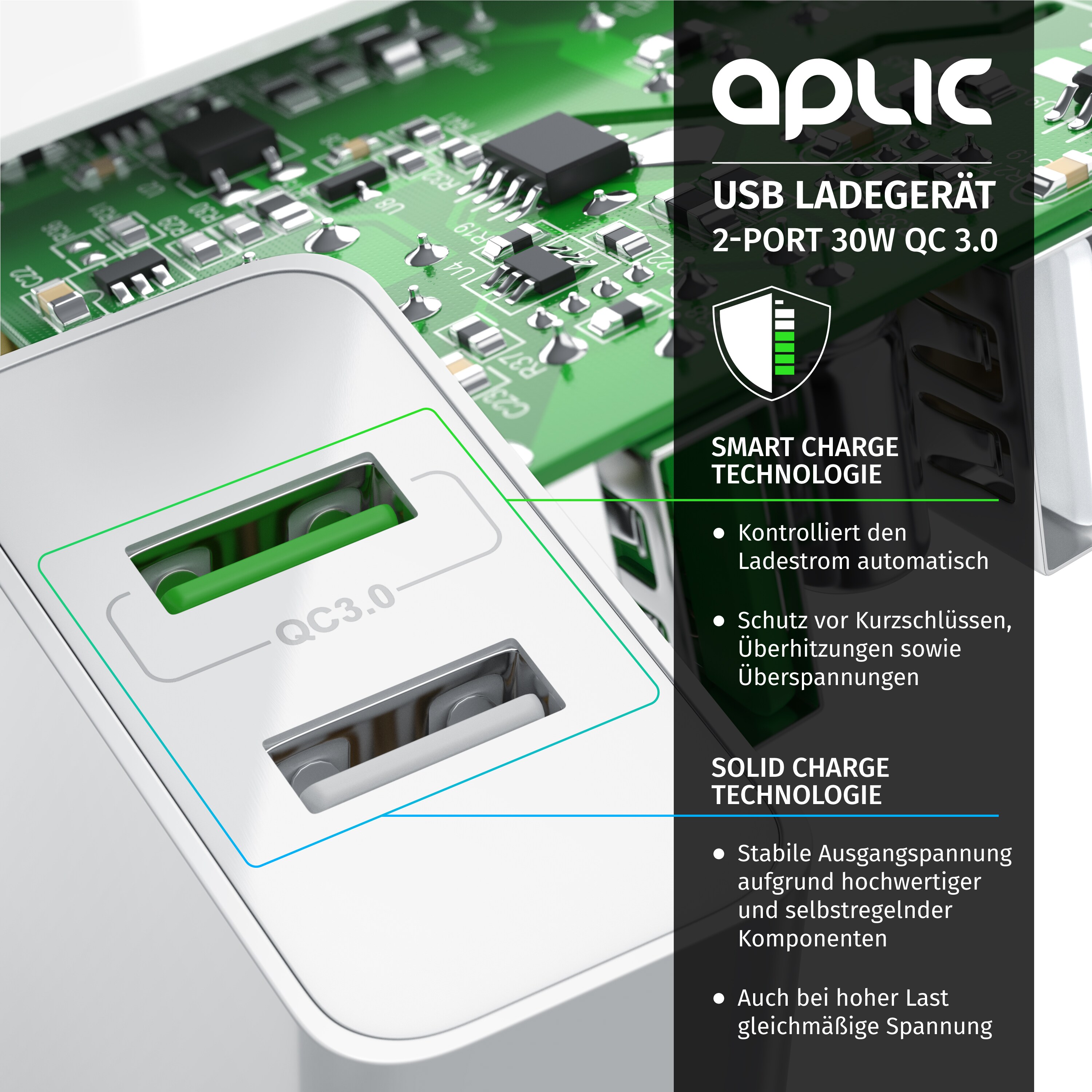 Aplic USB-Ladegerät 3000 mA, 2-Port, 30W, Quick Charge 3.0 (QC 3.0) Schnelladefunktion