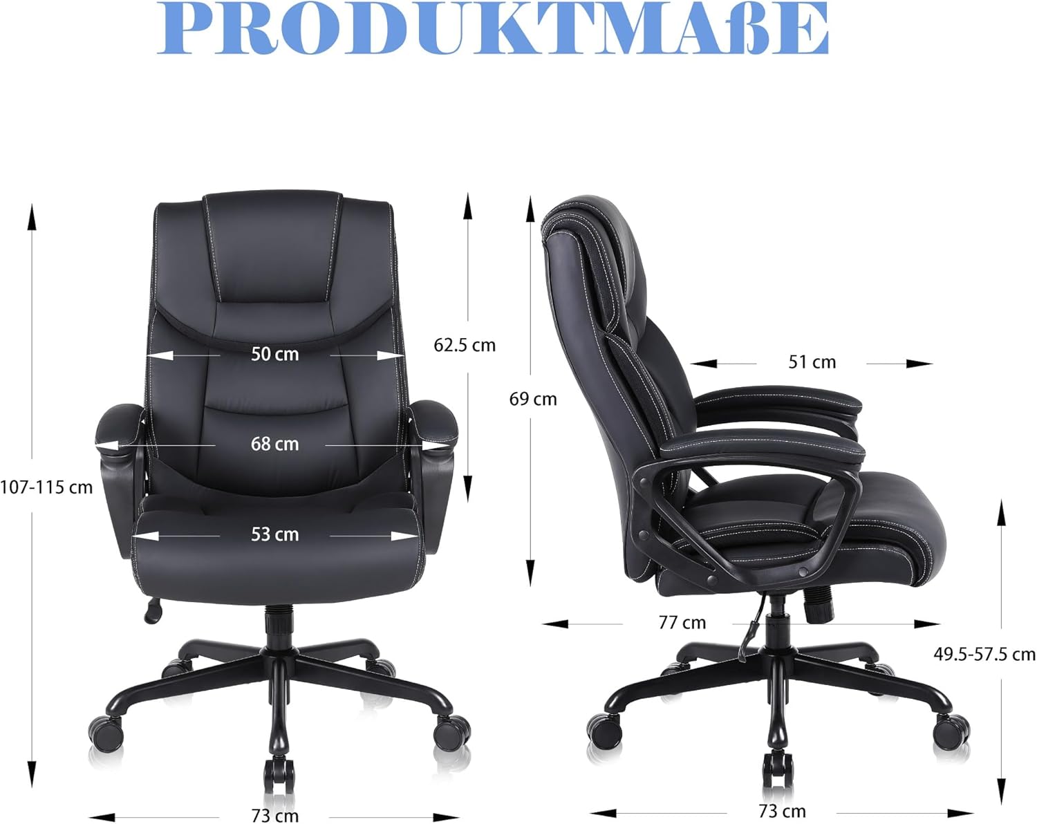Bürostuhl Ergonomisch, Chefsessel Pu Leder, Schreibtischstuhl, Drehstuhl mit Wippfunktion, Höhenverstellbar, für Büro, Gaming, Schwarz