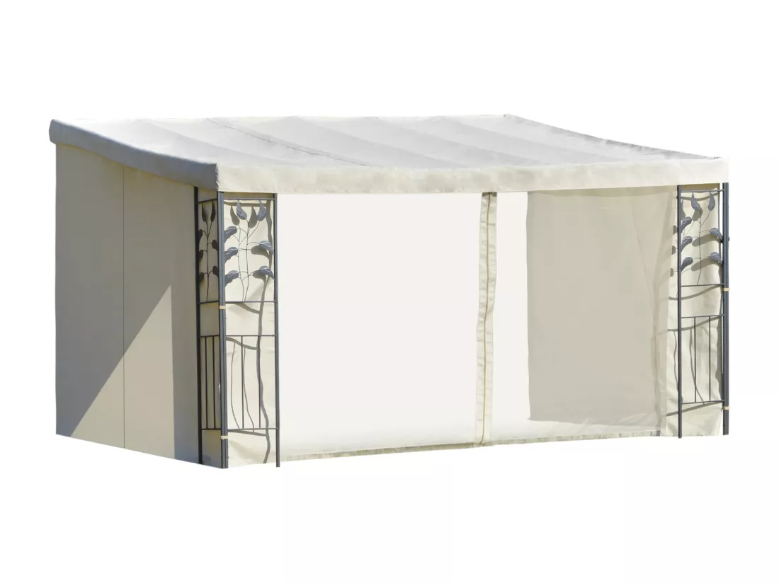 Pergola adossable dim. 4L x 3l x 2,7H m pavillon de jardin toile polyester haute densité moustiquaires crème structure métal époxy gris