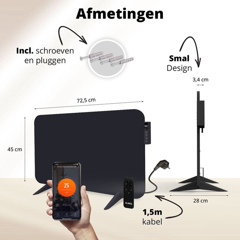 FlinQ - Slimme Infrarood Heater - Zwart - Energiezuinige Verwarming