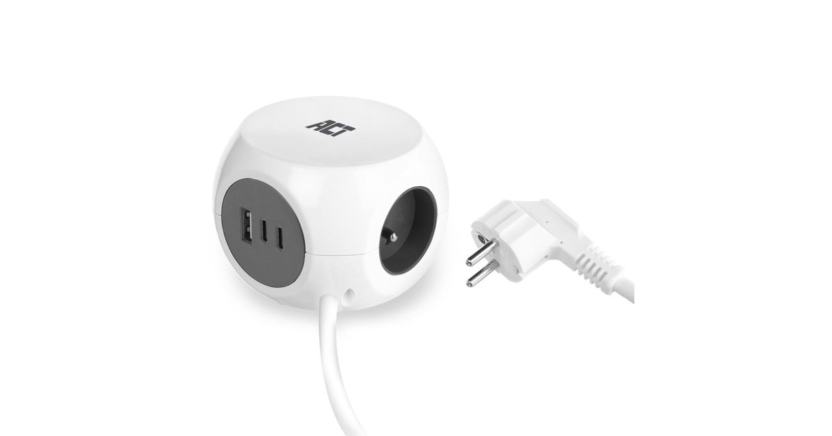 ACT ConnectivityStekkerdoos kubus met 3 stopcontacten, 30W Power Delivery USB-C/A poorten, kabellengte 1,5m stekkerdoos  (Wit, Type E)