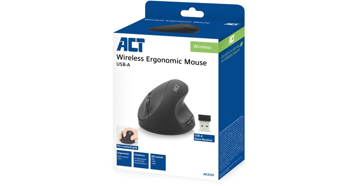 ACT ConnectivityDraadloze Ergonomische Muis  (Zwart, 800 - 1600 DPI)