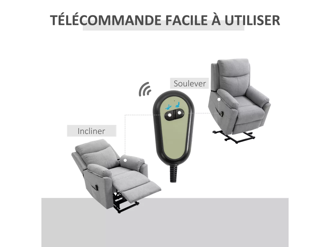 Fauteuil de relaxation électrique - fauteuil releveur inclinable avec repose-pied ajustable et télécommande - tissu polyester aspect lin gris clair chiné
