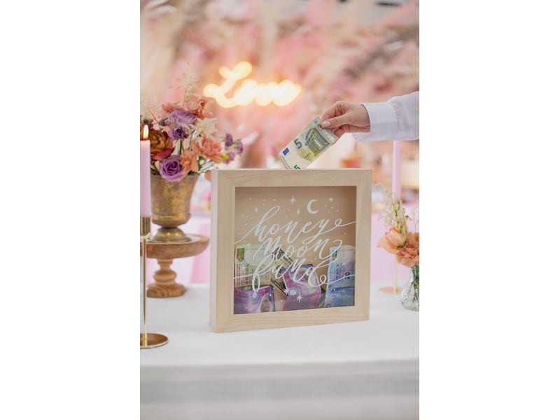 Partydeco Spardose Honeymoon Fund Hochzeit Spardose aus Holz mit weisser Aufschrift auf Plexiglas