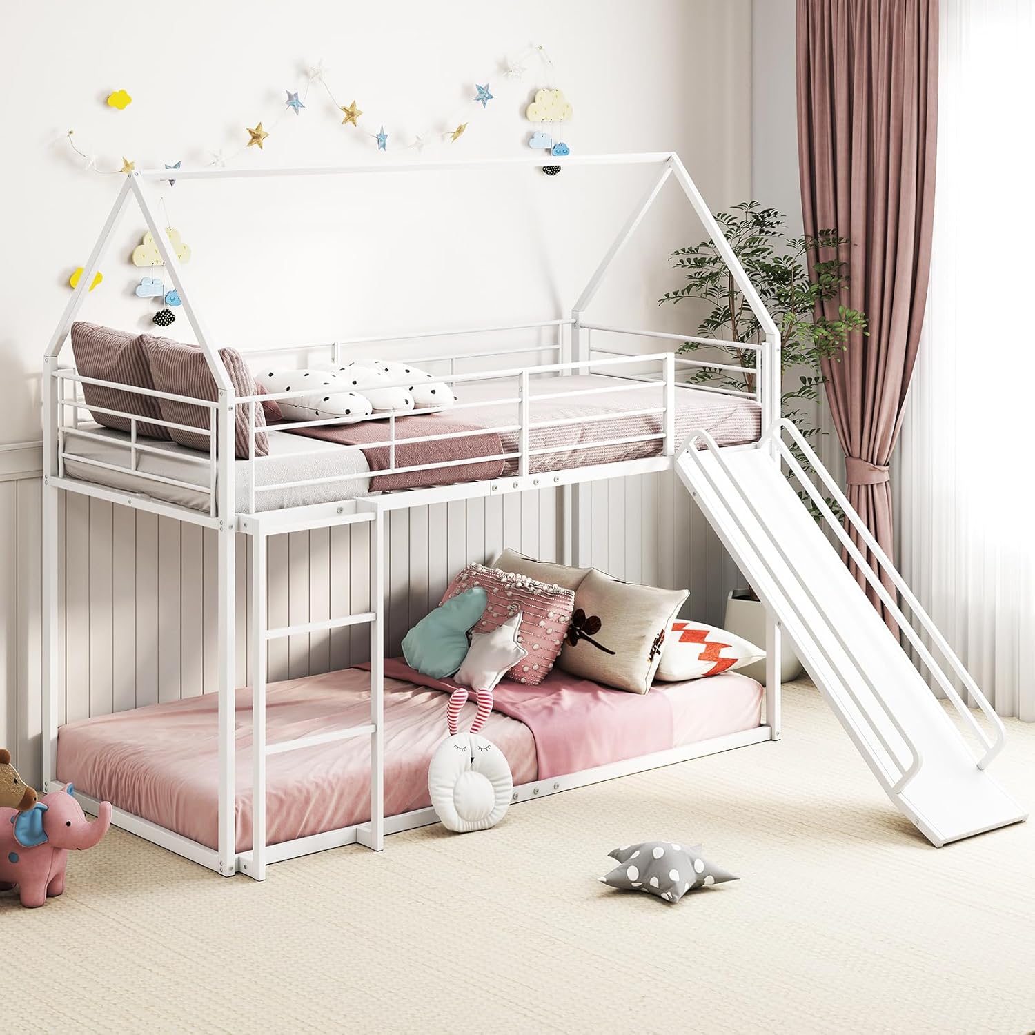 GIANTEX Hochbett 90 x 200 cm, Etagenbett 2 Kinder, Hochbett Kinder mit Rutsche & Leiter, Kinderbett Hausbett mit Rausfallschutz, Kinderhochbett Stockbett für 2 Kinder, Metallbett mit Dach (Weiß)