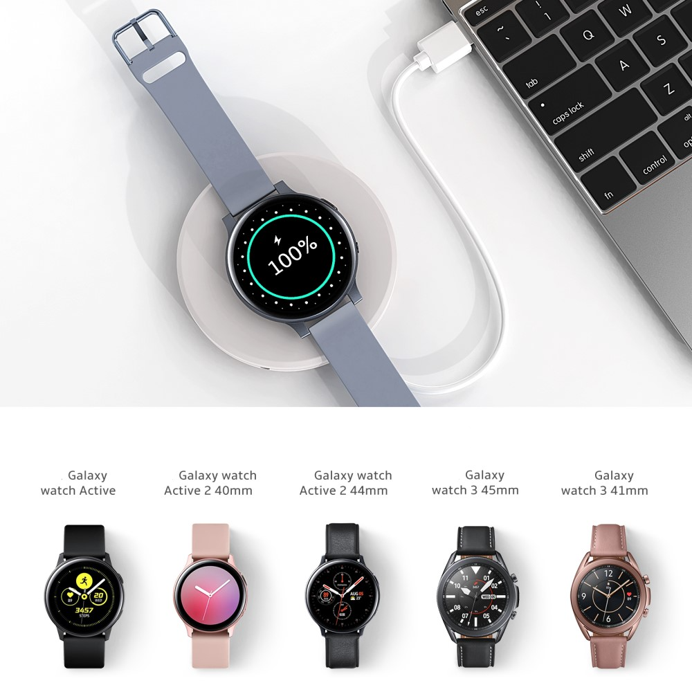 Samsung Galaxy Watch 3 / Watch Active 2 / Watch Active Qi-Wireless Charger USB Ladegerät mit integriertem Ladekabel - Weiss
