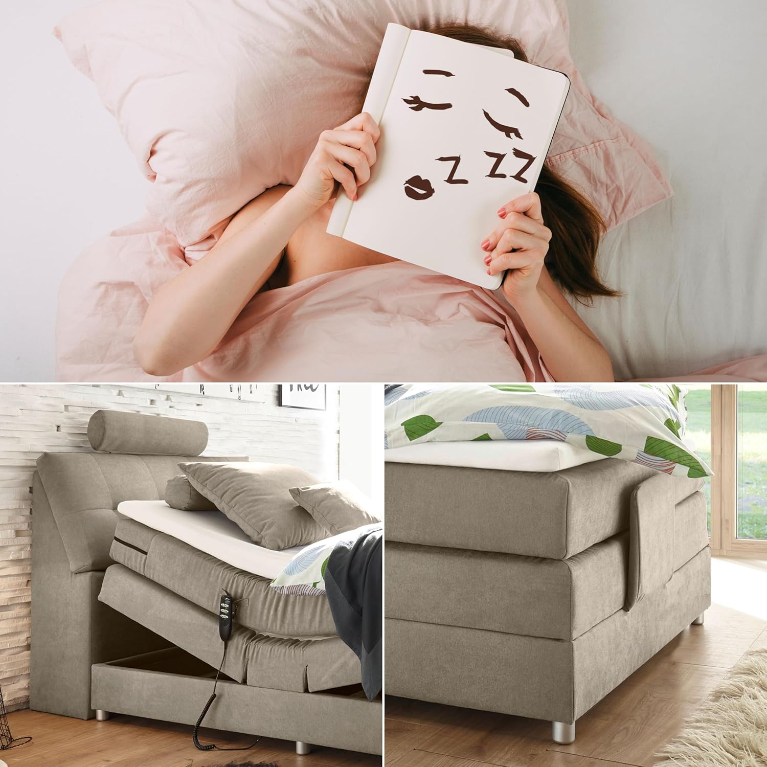 PALERMO 2 Boxspringbett 120x200 elektrisch verstellbar, Sand - Bequemes Einzelbett mit dekorativer Steppung & Komfortschaum Topper - 120 x 127 x 234 cm (B/H/T)