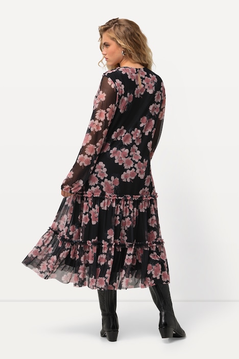 Midikleid, doppellagig, Blumen, V-Ausschnitt, Langarm