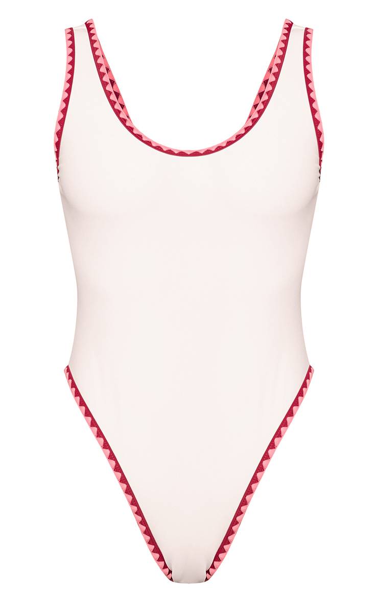 Blanc Maillot De Bain Échancré À Surpiqûres Contrastantes