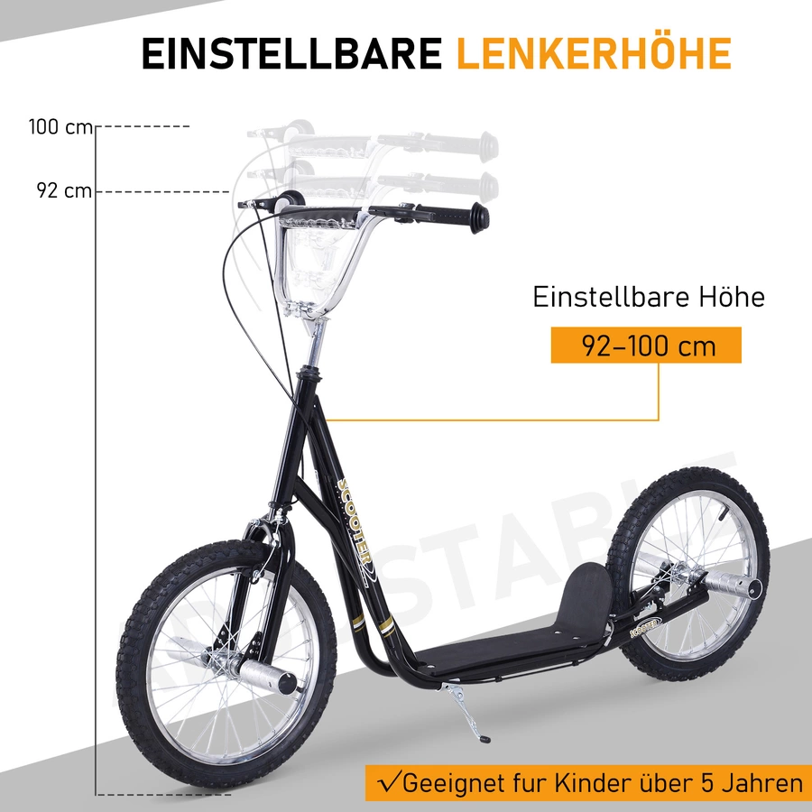 HOMCOM Kinderroller Mit Handbremse, extra dicker Luftbereifung, Höhenverstellbarer Lenker schwarz
