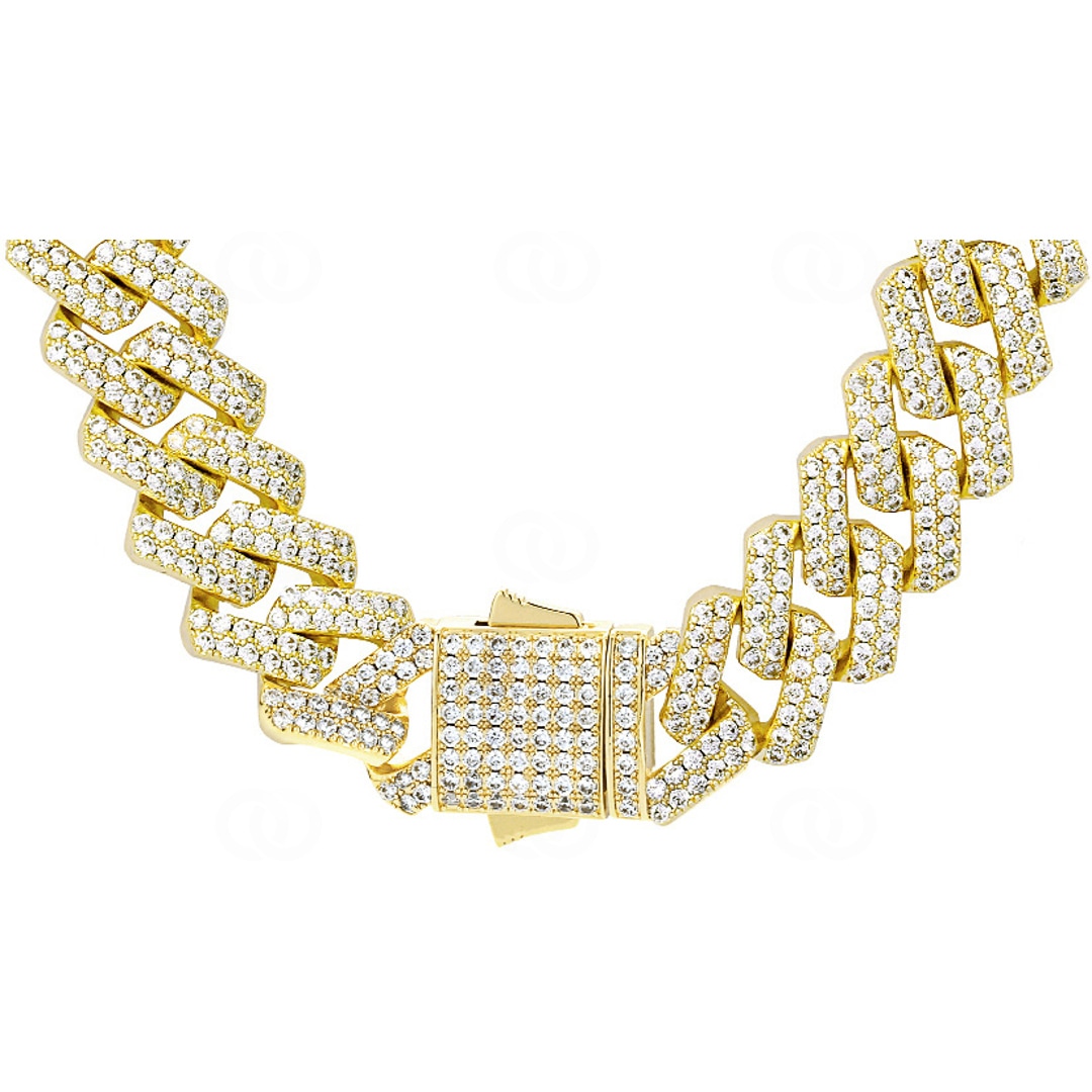 15mm Prong Cuban Link Panzerkette Gelb vergoldet mit Zirkonia