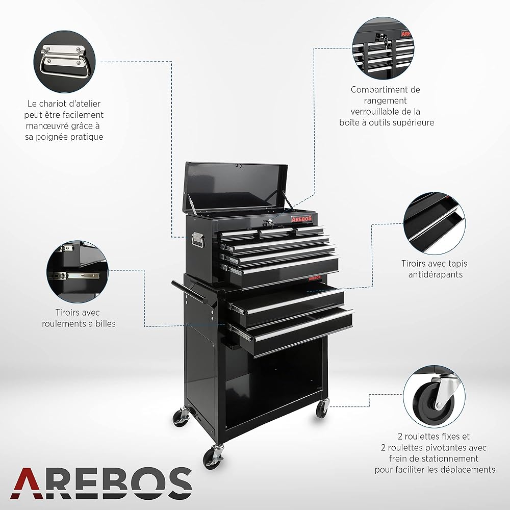 AREBOS Servante d'atelier à 9 tiroirs | Tapis antidérapants | Chariot avec Caisse à Outils Amovible | Verrouillable | sur roulement à Billes | Freins d'arrêt | Noir | 71x 67 x 37cm : Bricolage
