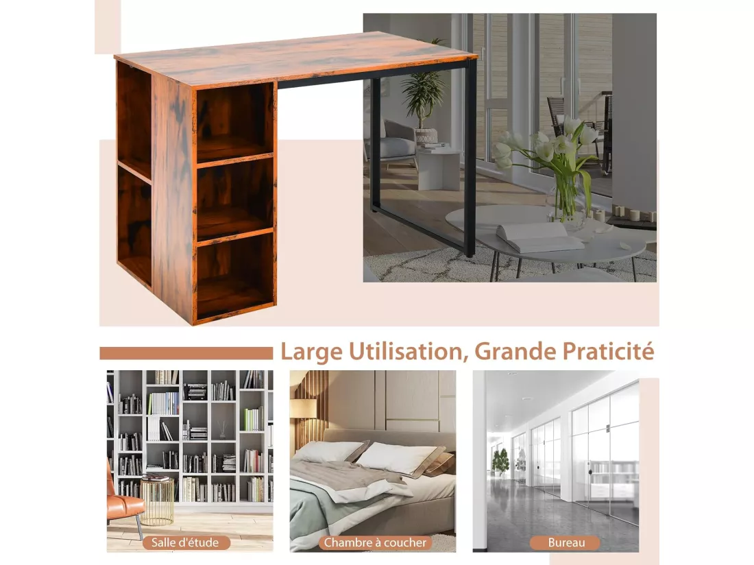 Bureau d'Ordinateur avec Bibliothèque, Bureau Informatique avec 5 Compartiments, Cadre en Métal, Table d'Ordinateur pour Bureau, Chambre, Studio, 115 x 59,5 x 75 cm (Marron Rustique)