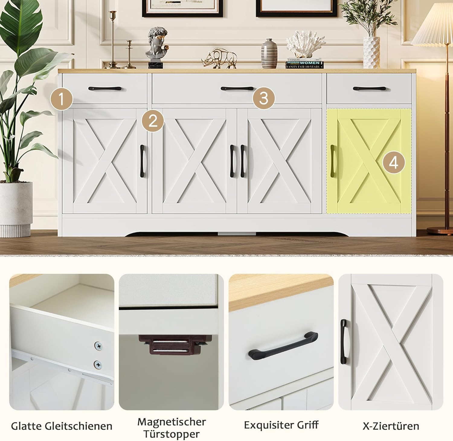 Wiuzo Modernes kommode weiß, Sideboard mit 3 schubladen& 4 Tür, 160x 37 x75 cm Multifunktionsschrank aus Holz, Wohnzimmer esszimmer Schrank, weißes Sideboard mit Dekoration
