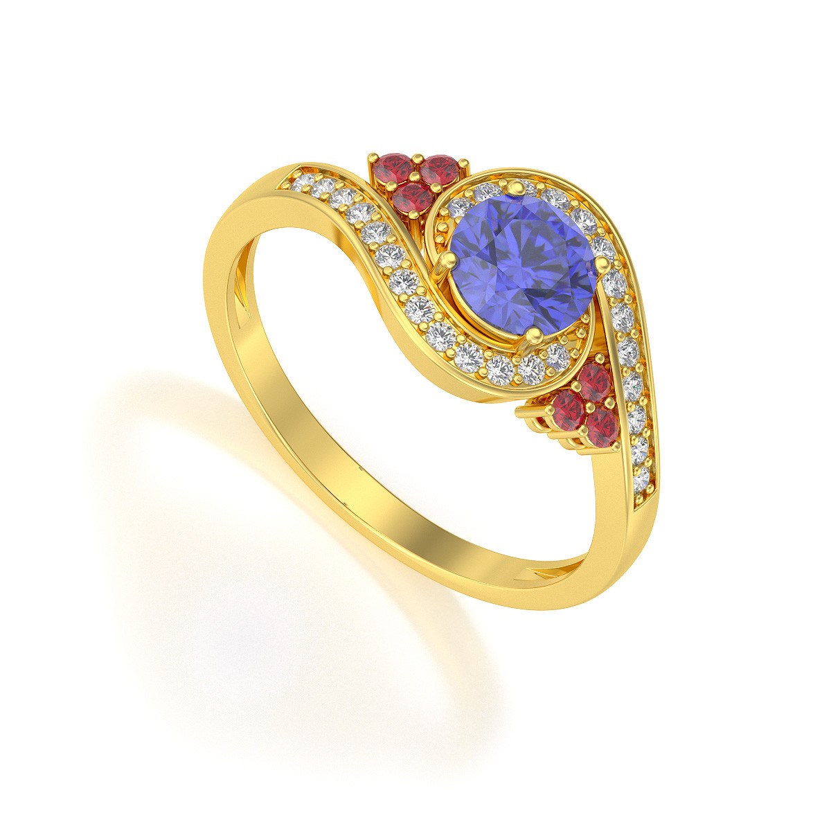Bague ADEN Or 585 Jaune Tanzanite Rubis et diamants 2.702grs