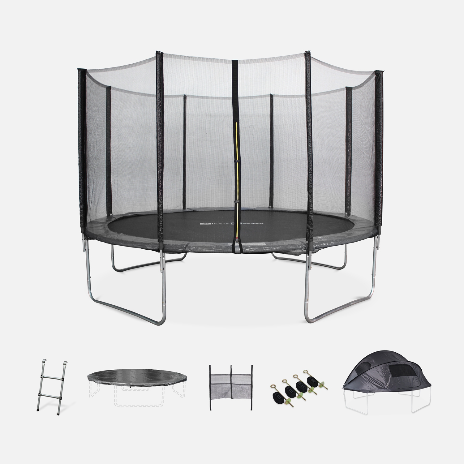 Trampoline 370 gris avec pack d'accessoires + tente de camping avec sac de transport