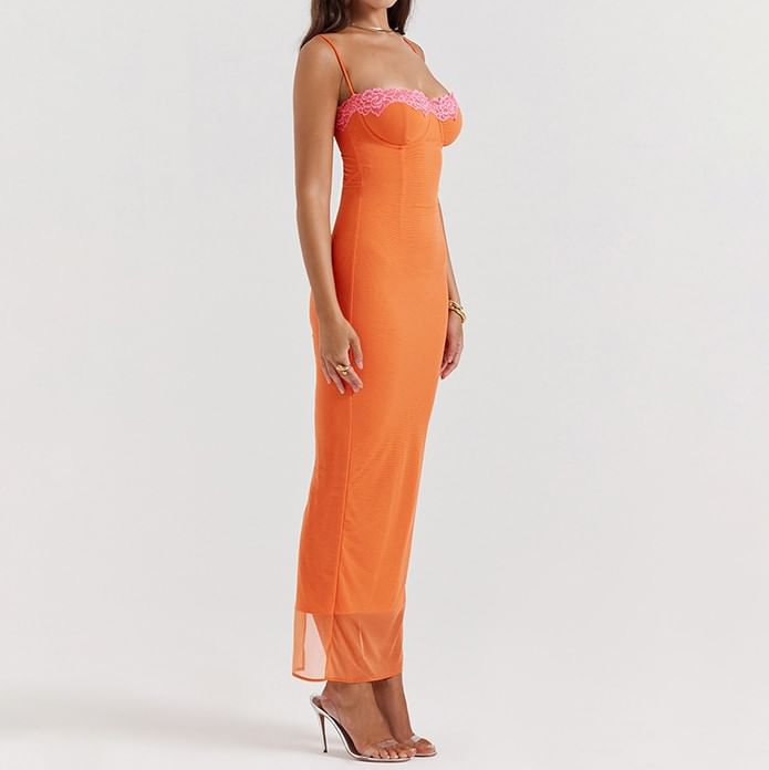 Bolgivy - Maxi-bodyconjurk met spaghettibandjes en kanten rand