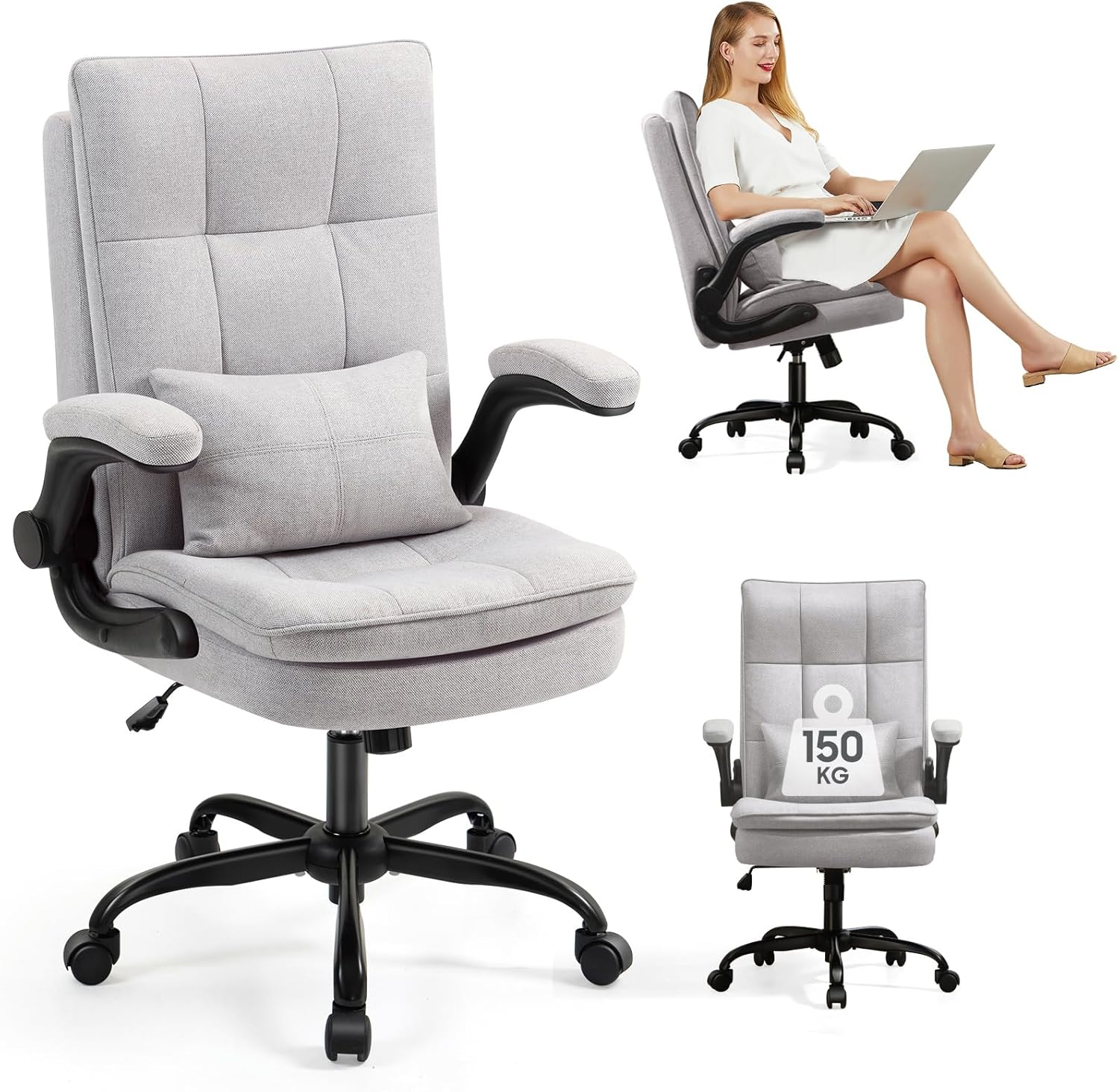 Bürostuhl Ergonomisch [TESTSIEGER] Schreibtischstuhl | Hochklappbare Armlehne & Hohe Rückenlehne | Höhenverstellbar & Wippfunktion | Chefsessel 150 kg | Office Chair | Bürostühle Stoff, Grau