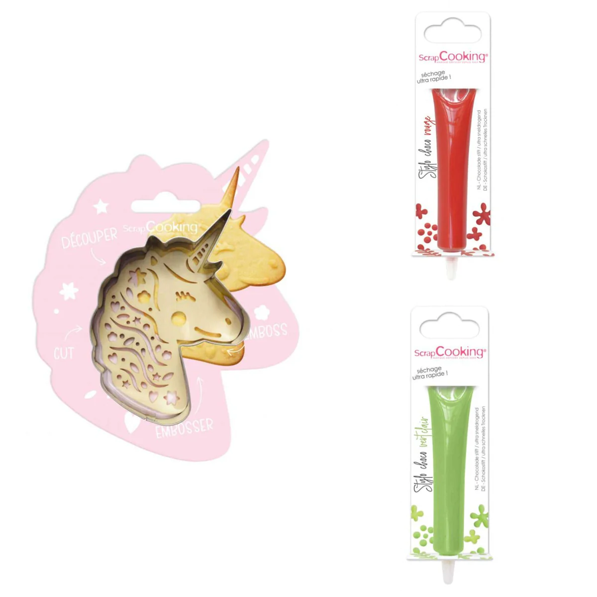 Kit pour biscuit en relief Licorne + 2 Stylos au chocolat rouge et ver