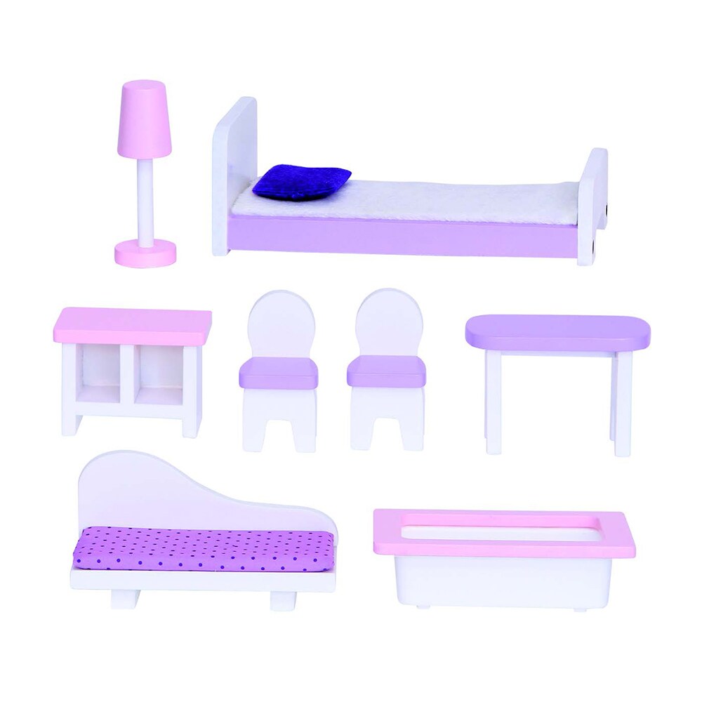 Moni Holz-Puppenhaus Anna 4121, 8-tlg. Möbelset, 3 Etagen, verschiedene Räume rosa