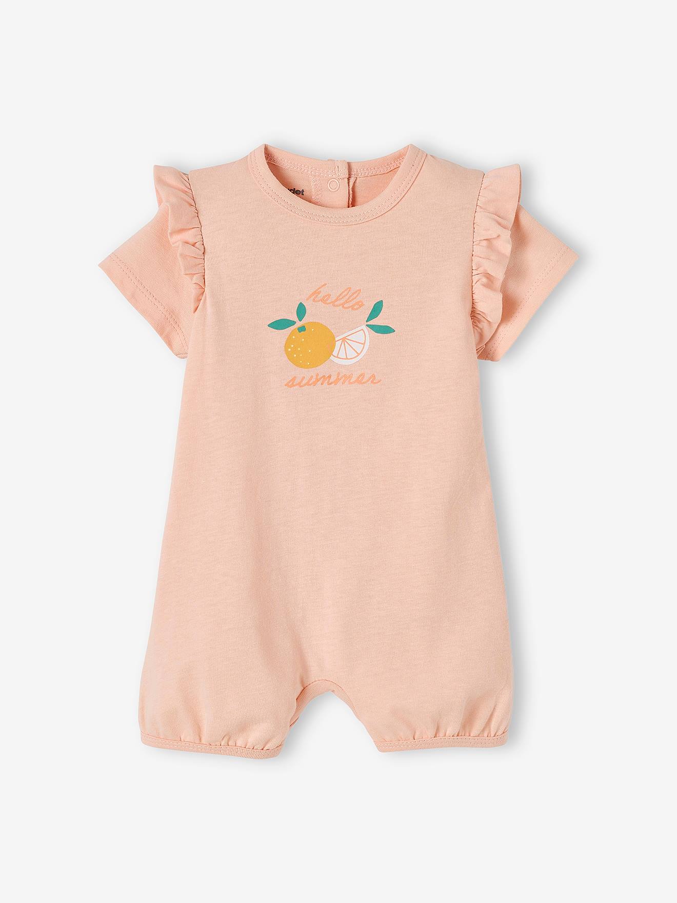 Conjunto com 2 pijamas curtos de body para bebê menina, em dois tons de rosa claro/multicolorido, com certificação Oeko-Tex®.