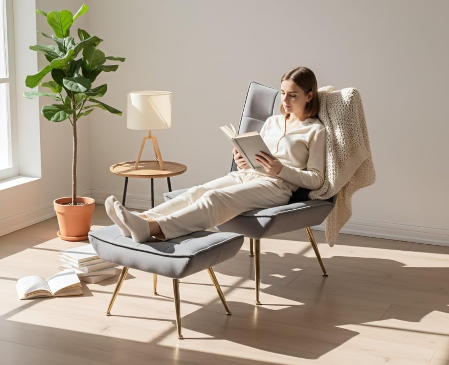 Loungesessel Sessel mit Hocker, Relaxsessel Ohrensessel Polsterstuhl mit Kopfkissen Goldenen Metallbeinen aus Samt, Fernsehsessel Lesesessel für Schlafzimmer Wohnzimmer, Grau