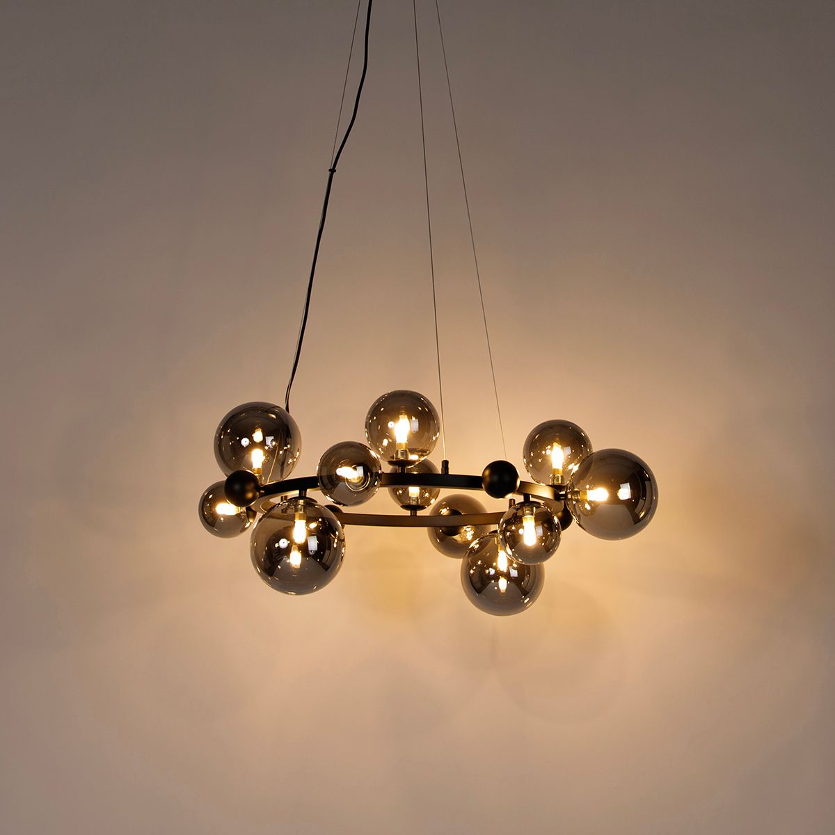 Art Deco hanglamp zwart met smoke glas 12-lichts - David