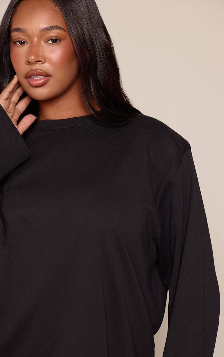 Noir T-shirt Grande Taille En Coton À Manches Longues Avec Épaulettes Et Coupe Oversize