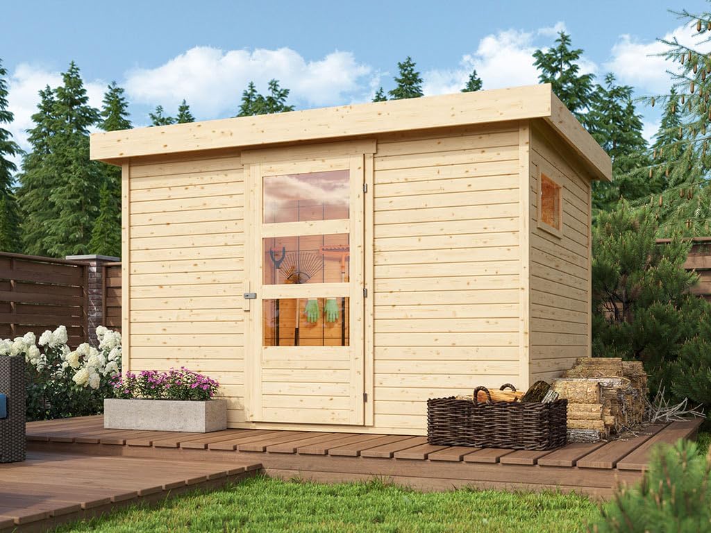 Karibu Gartenhaus | Gerätehaus mit 19 mm Wandstärke | INKLUSIVE Unterkonstruktionshölzer | Fichtenholz | Steck-/Schraubsystem | Grundfläche: 6,10 m² | Naturbelassen | 330x238x211 cm
