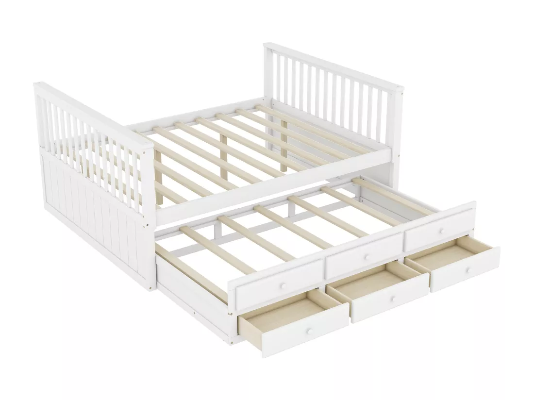 Lit gigogne 140 x 200 cm + 90 x 190 cm avec 3 tiroirs - bois de pin + MDF - blanc