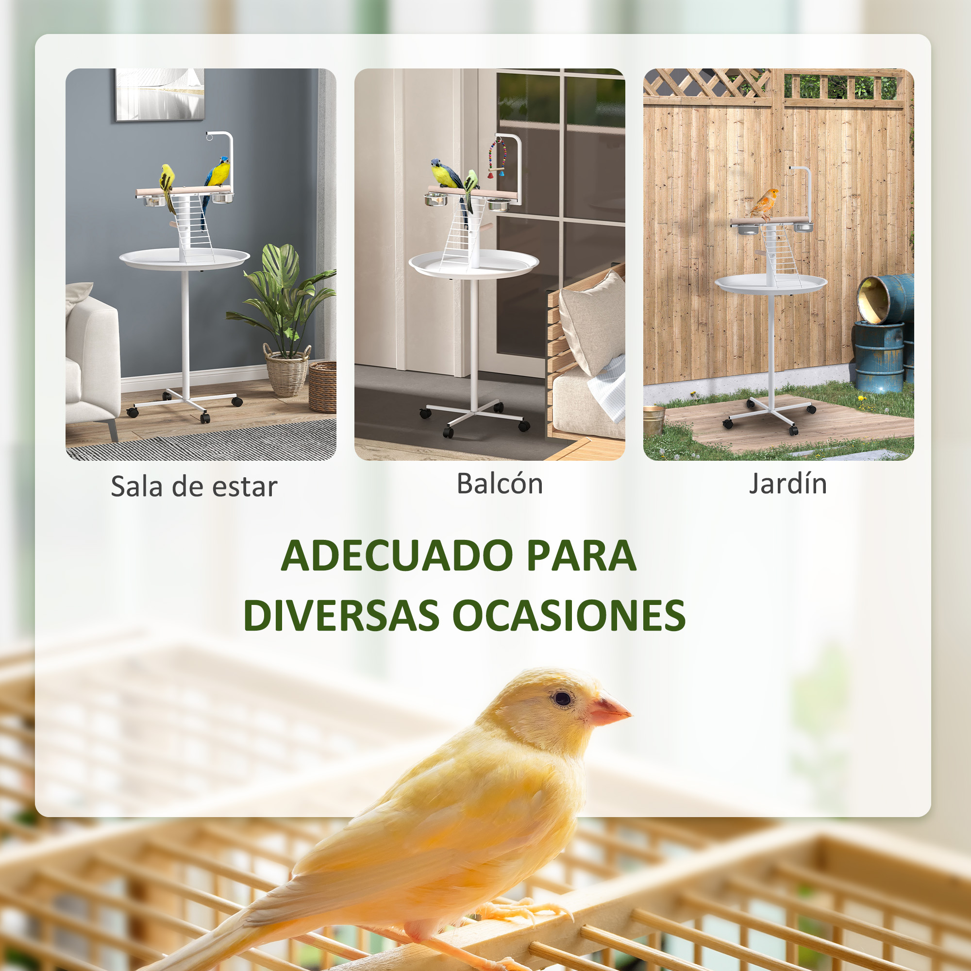 Alimentador de pássaros PawHut para exterior com rodas, Ø60x138 cm, com 2 tigelas de aço inoxidável e 2 poleiros, branco.