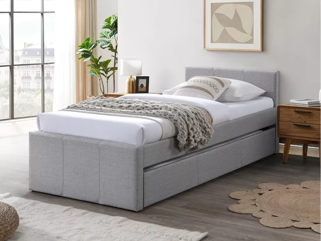 Lit gigogne 90 x 190 cm - Tissu - Gris + Matelas - DORITALO