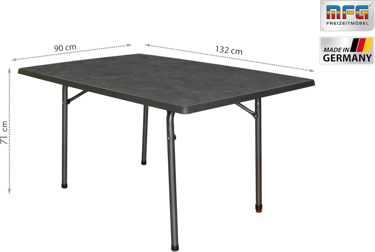 MFG Garten-Klapptisch 132x90 cm, Gartentisch | Wetterfest | Platzsparend klappbar | mit Niveauausgleich | Montagefrei | Gestell: anthrazit, Plattendekor: Schiefer