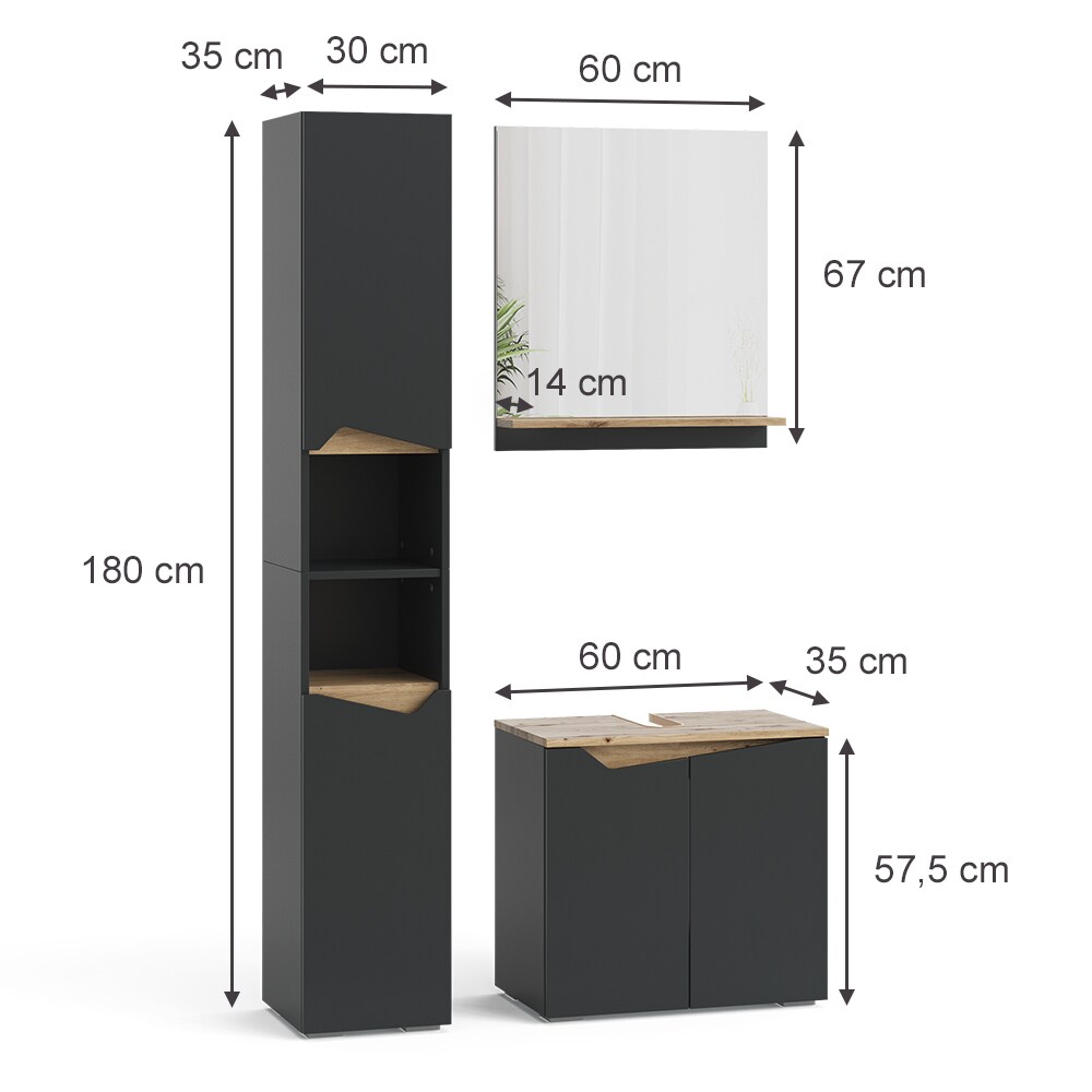 Vicco Badmöbel-Set Marelle Anthrazit Eiche 3 Teile Hochschrank