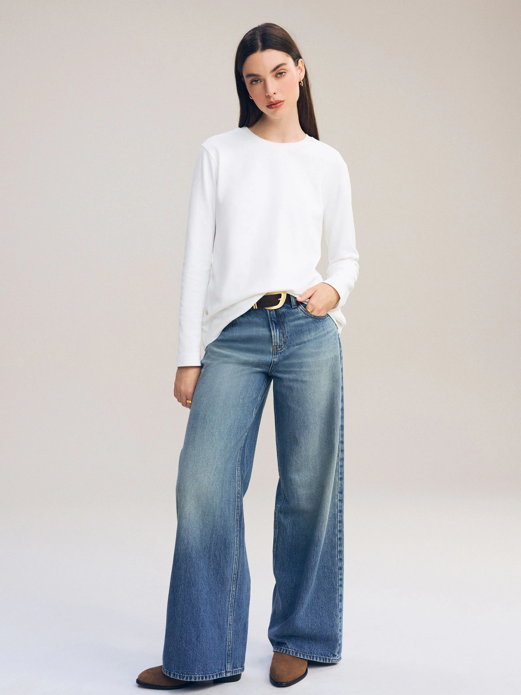 Wit - Dik T-shirt met lange mouwen en ronde hals
